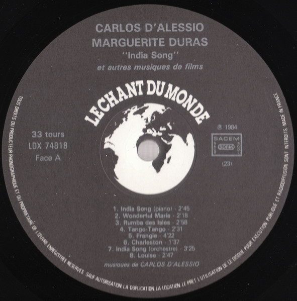 Carlos D'Alessio / Marguerite Duras - India Song Et Autres Musiques De Films | Le Chant Du Monde (LDX 74818) - 3