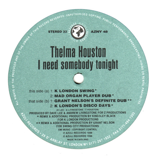 Thelma Houston - I Need Somebody Tonight (Remixes By K London & Grant Nelson) | Azuli Records (AZNY 48)