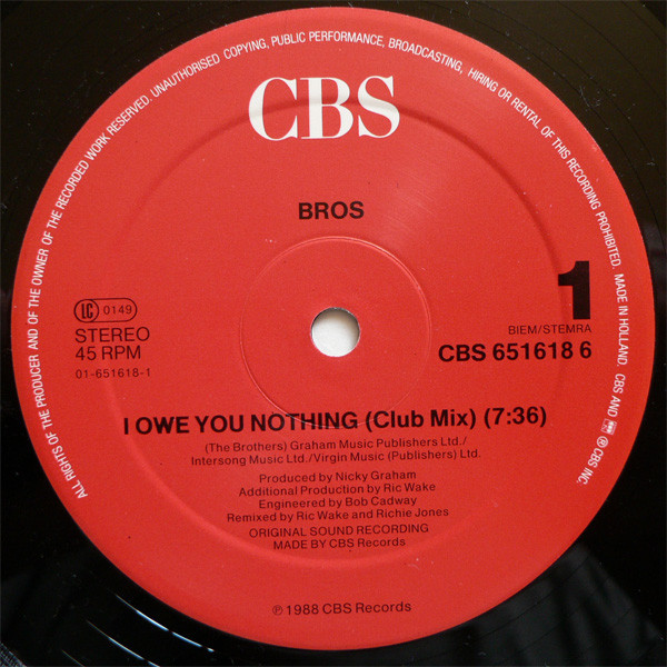 Bros - I Owe You Nothing | CBS (CBS 651618 6) - 3