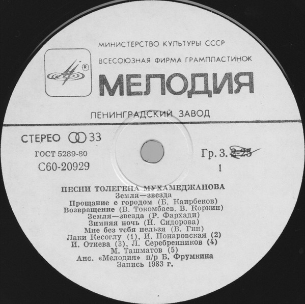 Толеген Мухамеджанов - Земля - Звезда | Мелодия (С60 20929 006) - 3