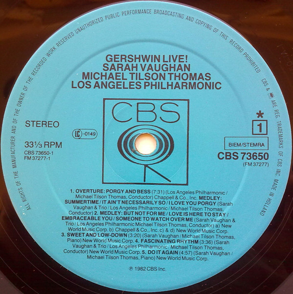 Michael Tilson Thomas , Sarah Vaughan , Los Angeles Philharmonic Orchestra - Gershwin Live! | CBS (73650) - 3 Michael Tilson Thomas , Sarah Vaughan , Los Angeles Philharmonic Orchestra - Gershwin Live! | CBS (73650) - 3