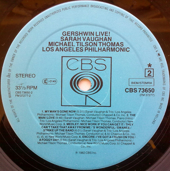 Michael Tilson Thomas , Sarah Vaughan , Los Angeles Philharmonic Orchestra - Gershwin Live! | CBS (73650) - 4 Michael Tilson Thomas , Sarah Vaughan , Los Angeles Philharmonic Orchestra - Gershwin Live! | CBS (73650) - 4