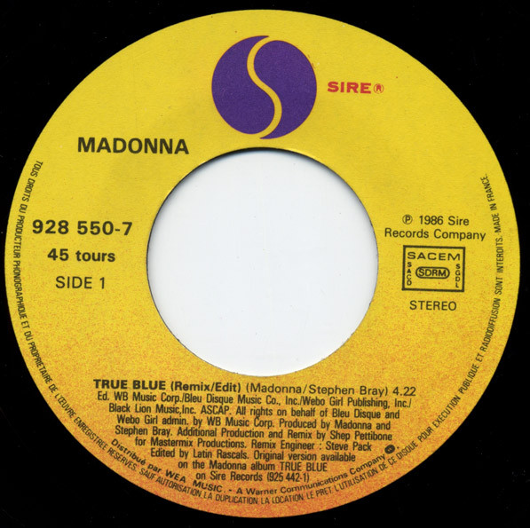 Madonna - True Blue (Remix/Edit) | Sire (928 550-7) - 3
