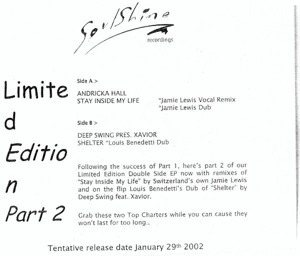 Andricka Hall / Deep Swing - Stay Inside My Life / Shelter (Remixes) | SoulShine Recordings (SS 020)