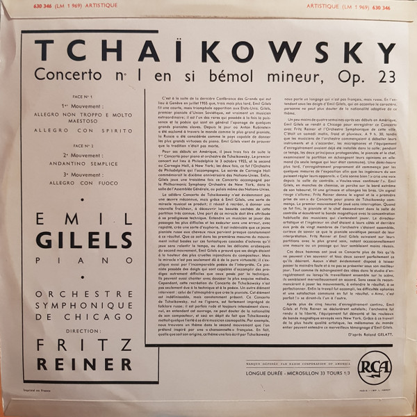 Pyotr Ilyich Tchaikovsky - Emil Gilels • Fritz Reiner • Chicago Symphony Orchestra - Concerto N° 1 En Si Bémol Mineur Op. 23 | RCA (630 346) - 2