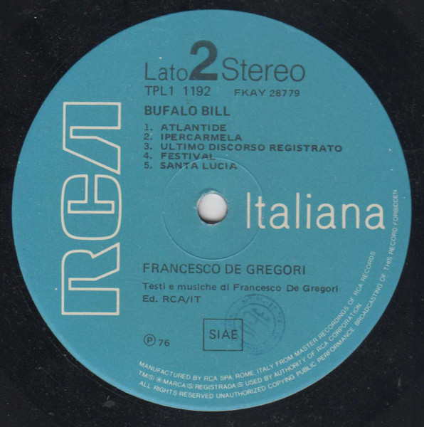 Francesco De Gregori - Bufalo Bill | RCA (TPL1-1192) - 4