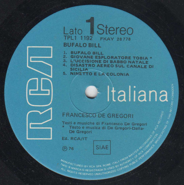 Francesco De Gregori - Bufalo Bill | RCA (TPL1-1192) - 3