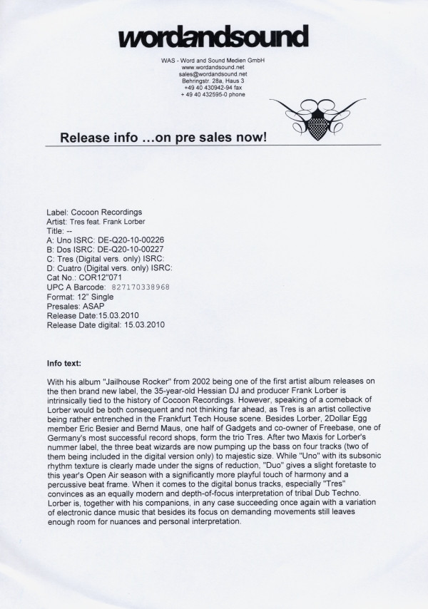 Tres Feat. Frank Lorber - Uno / Dos | Cocoon Recordings (COR12"071)