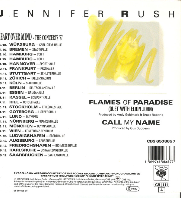 Jennifer Rush Duet With Elton John - Flames Of Paradise | CBS (CBS 650865 7)