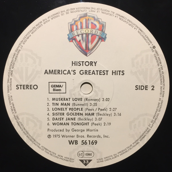 America - History - America's Greatest Hits | Warner Bros. Records (WB 56 169) - 4