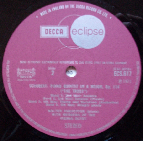 Franz Schubert ; Walter Panhoffer / Wiener Oktett , Maurice Gendron / Jean Françaix - "Trout Quintet" / "Arpeggione" Sonata | Decca (ECS 617) - 3