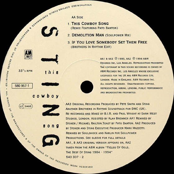 Sting - This Cowboy Song | A&M Records (580 957-1) - 4