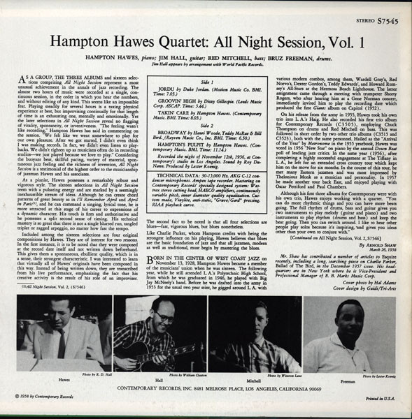 Hampton Hawes Quartet - All Night Session, Vol. 1 | Contemporary Records (S7545) - 2