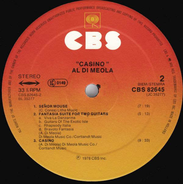 Al Di Meola - Casino | CBS (CBS 82645) - 4