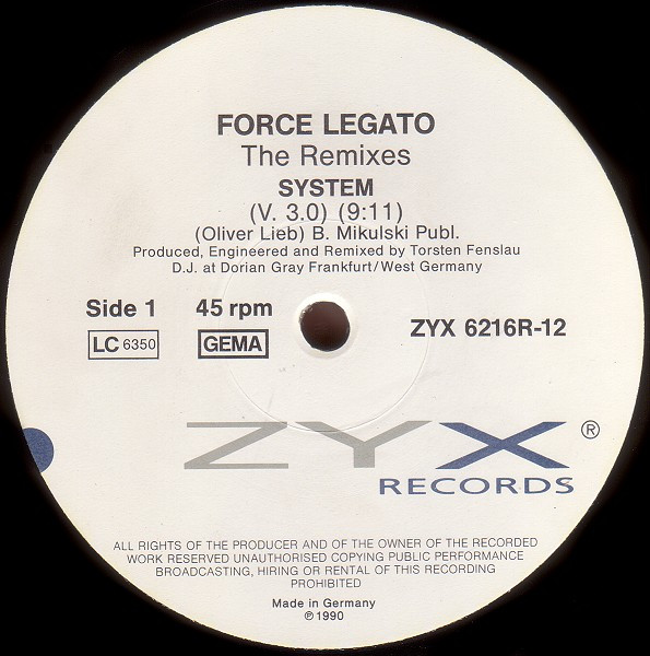 Force Legato - System (The Remixes) | ZYX Records (ZYX 6216R-12) - 3