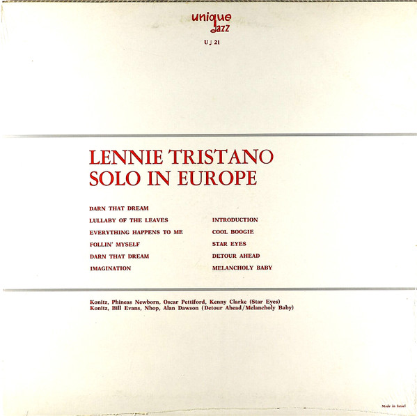 Lennie Tristano / The Lee Konitz Quartet - Solo In Europe | Unique Jazz (U♩ 21) - 2