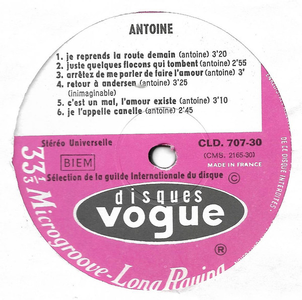 Antoine - Je Reprends La Route Demain | Disques Vogue (CLD 707 30) - 3