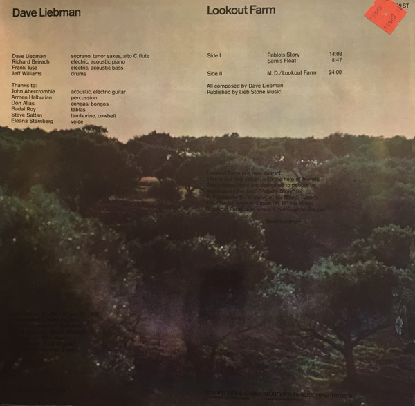 David Liebman - Lookout Farm | ECM Records (ECM 1039 ST) - 2