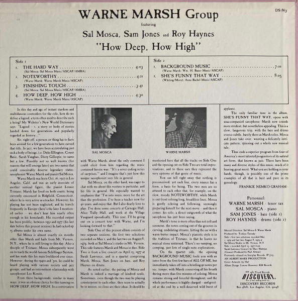 Warne Marsh Group Featuring Sal Mosca , Sam Jones And Roy Haynes - How Deep, How High | Discovery Records (DS-863) - 2 Warne Marsh Group Featuring Sal Mosca , Sam Jones And Roy Haynes - How Deep, How High | Discovery Records (DS-863) - 2