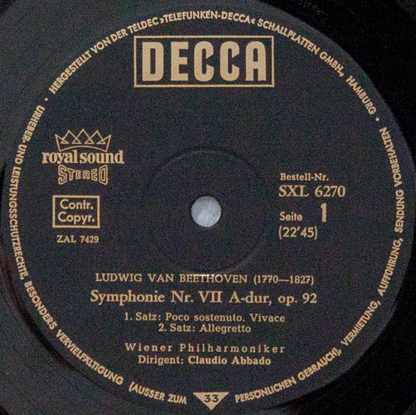 Ludwig van Beethoven , Wiener Philharmoniker , Claudio Abbado - Symphonie Nr. VII / Ouvertüre »Die Geschöpfe Des Prometheus« | Decca (SXL 6270) - 3