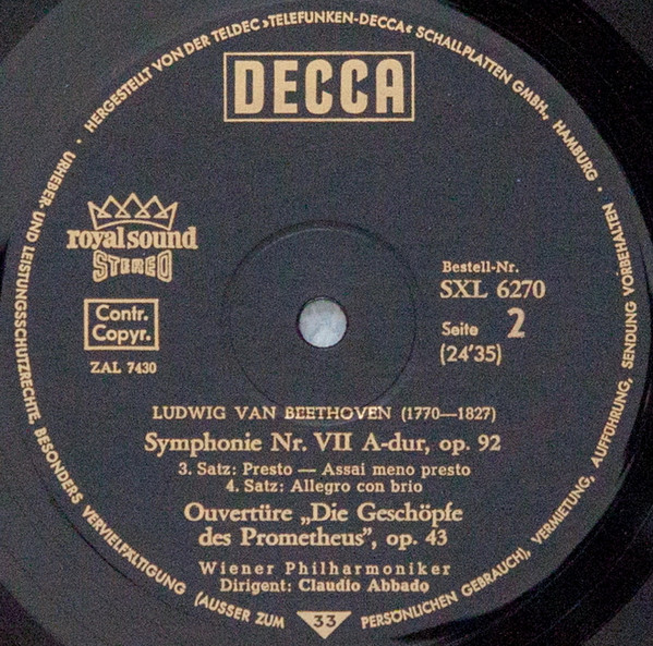 Ludwig van Beethoven , Wiener Philharmoniker , Claudio Abbado - Symphonie Nr. VII / Ouvertüre »Die Geschöpfe Des Prometheus« | Decca (SXL 6270) - 4