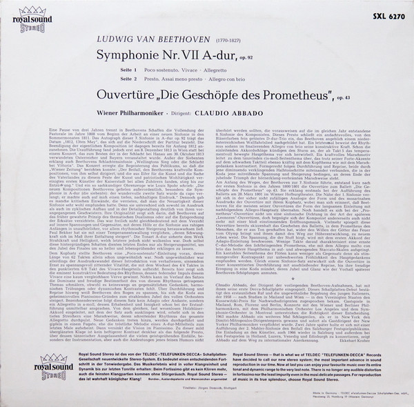 Ludwig van Beethoven , Wiener Philharmoniker , Claudio Abbado - Symphonie Nr. VII / Ouvertüre »Die Geschöpfe Des Prometheus« | Decca (SXL 6270) - 2