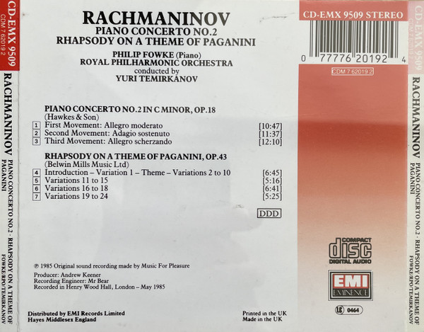 Sergei Vasilyevich Rachmaninoff , Philip Fowke , Royal Philharmonic Orchestra , Yuri Temirkanov - Piano Concerto No. 2 In C Minor, Op. 18 • Rhapsody On A Theme Of Paganini, Op. 43 | EMI Eminence (CD-EMX 9509 STEREO) - main