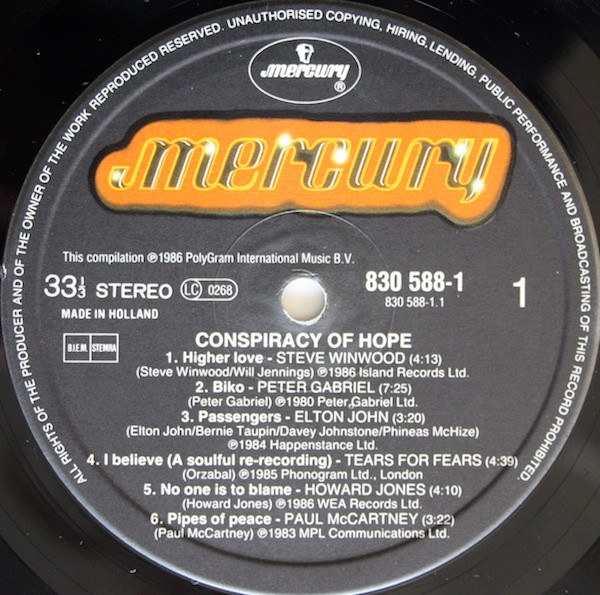 Various - Conspiracy Of Hope | Mercury (830 588-1) - 3 Various - Conspiracy Of Hope | Mercury (830 588-1) - 3
