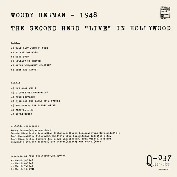 Woody Herman - The Second Herd "Live" In Hollywood - 1948 | Queen-disc (Q-037) - 2