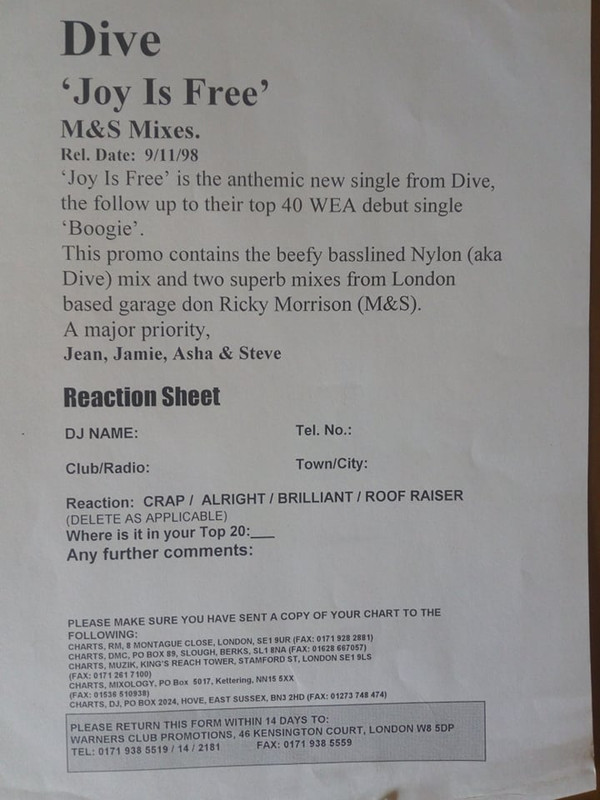 Dive - Joy Is Free | Nylon Records (SAM 00031) - 2