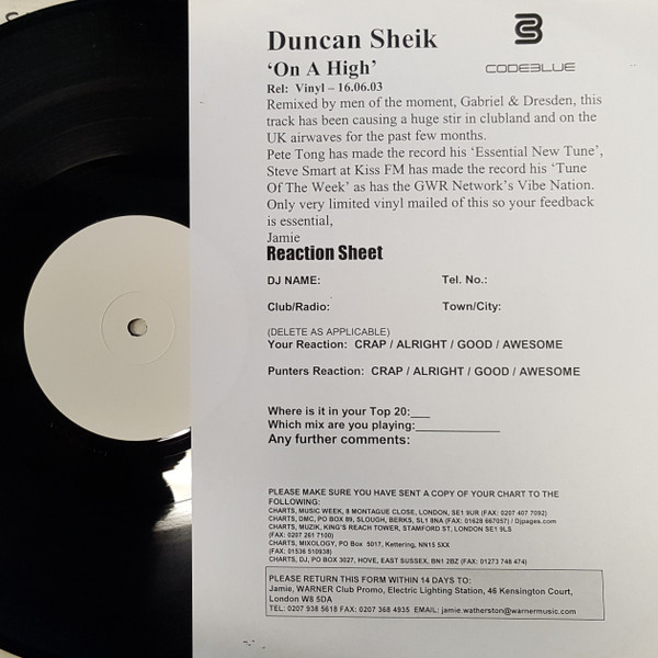 Duncan Sheik - On A High | Code Blue (BLU 033 T) - main