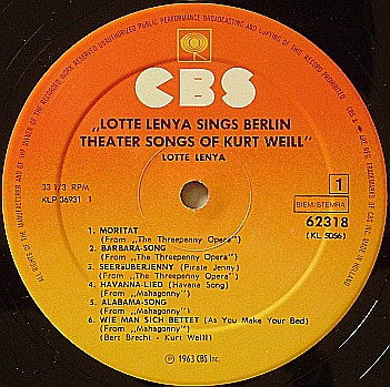 Lotte Lenya - Lotte Lenya Singt Kurt Weill Mit Texten Von Bert Brecht Und Georg Kaiser | CBS (62318) - 3