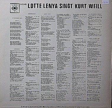 Lotte Lenya - Lotte Lenya Singt Kurt Weill Mit Texten Von Bert Brecht Und Georg Kaiser | CBS (62318) - 2