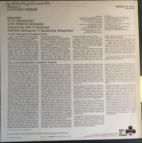 Kathleen Ferrier , Johannes Brahms - Alto Rhapsody · Vier Ernste Gesänge · Sapphische Ode · Botschaft · Gestillte Sehnsucht · Geistliches Wiegenlied | Ace Of Clubs (ACL 306) - 2
