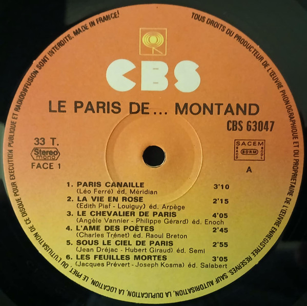 Yves Montand - Le Paris De... Montand | CBS (CBS 63047) - 2