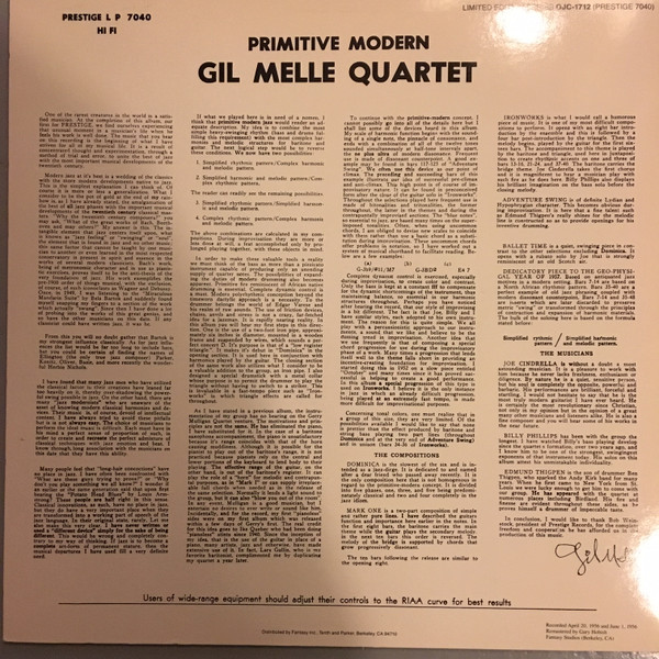 The Gil Melle Quartet - Melle Plays Primitive Modern | Original Jazz Classics (OJC-1712) - 2