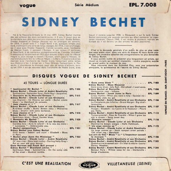 Sidney Bechet Avec Claude Luter Et André Réwéliotty - Sentimental, Mr. Bechet | Disques Vogue (EPL. 7008) - 2