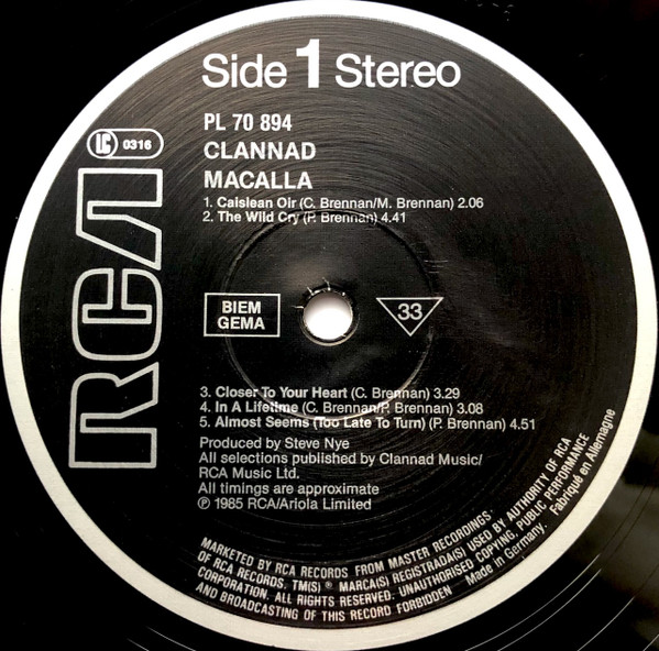 Clannad - Macalla | RCA (PL 70894) - 3 Clannad - Macalla | RCA (PL 70894) - 3