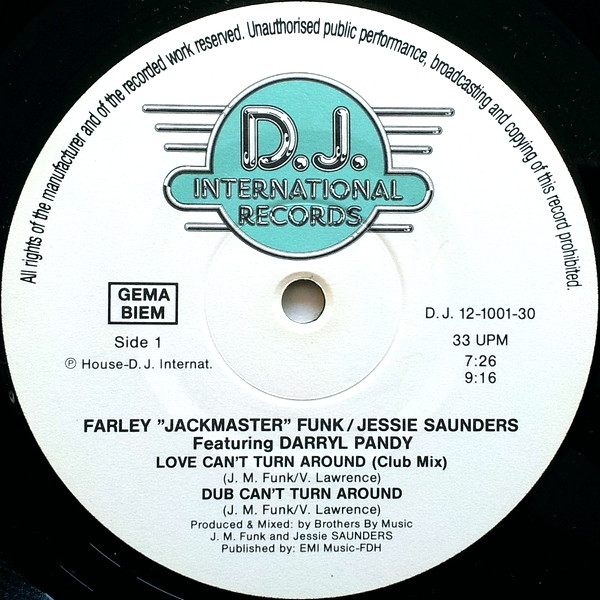 Farley "Jackmaster" Funk & Jesse Saunders - Love Can't Turn Around | D.J. International Records (D.J. 12-1001-30)