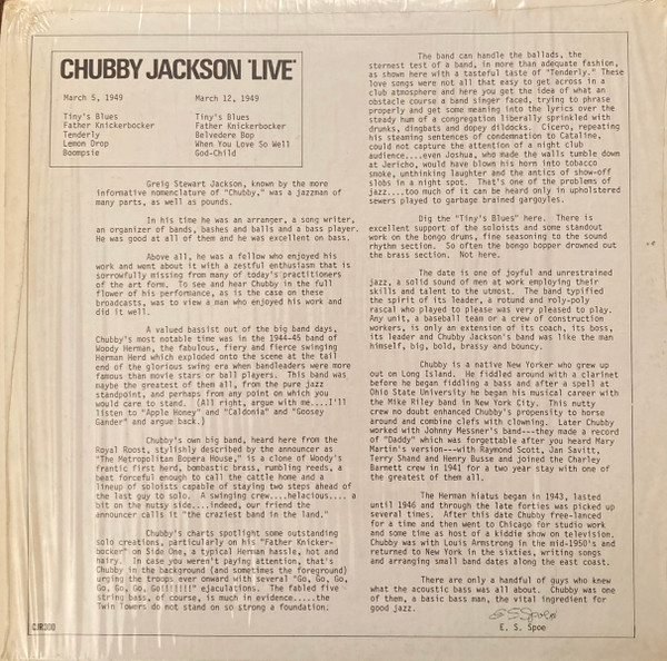 Chubby Jackson - Live | Mopaque (CJR 300) - 2