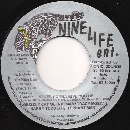 Grizzly Cat Featuring Beenie Man , Tracy Moet , Harry Toddler , Elephant Man - Never Gonna Give You Up | Nine Life Ent. (NIN 0022) - main Grizzly Cat Featuring Beenie Man , Tracy Moet , Harry Toddler , Elephant Man - Never Gonna Give You Up | Nine Life Ent. (NIN 0022) - main