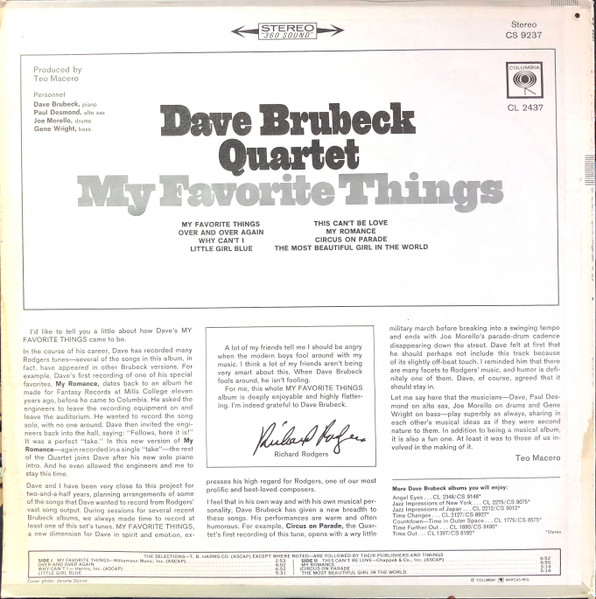 The Dave Brubeck Quartet - My Favorite Things (Mono) [Vinyl] | Columbia (CS 9237) - 2