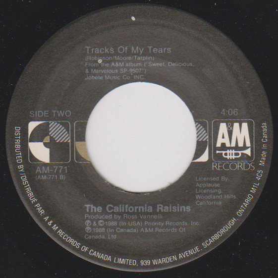 The California Raisins - What Does It Take (To Win Your Love) / Tracks Of My Tears | A&M Records (AM-771) - 2
