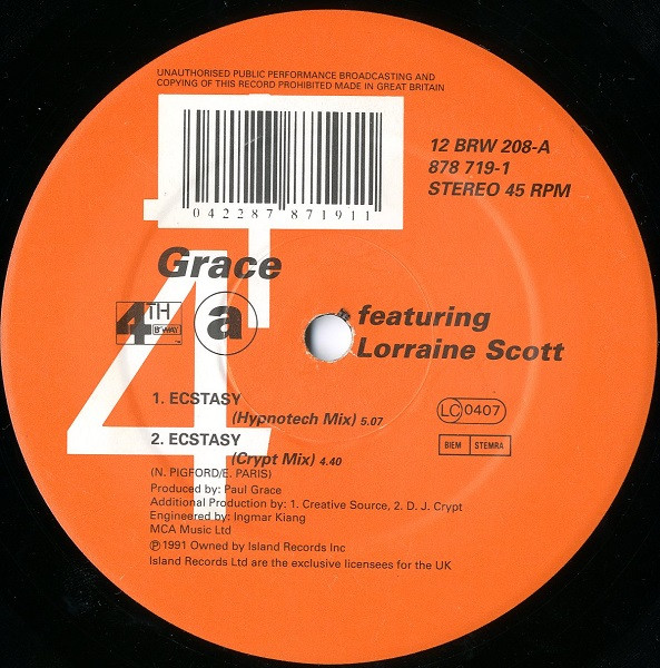 Grace Featuring Lorraine Scott - Ecstasy | 4th & Broadway (12 BRW 208)