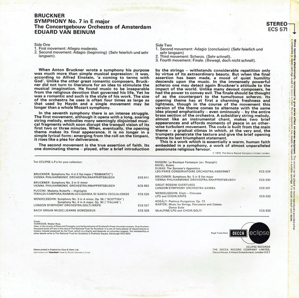 Anton Bruckner , Concertgebouworkest , Eduard Van Beinum - Symphony No. 7 In E Major | Decca (ECS 571) - 2