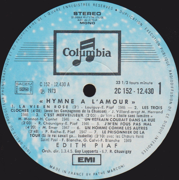 Edith Piaf - Hymne À L'amour | Columbia (2 C152-12430/1/2) - 3