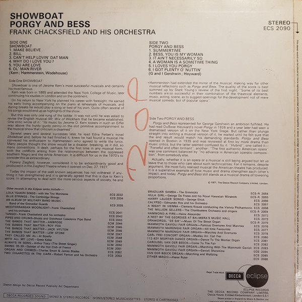 Frank Chacksfield & His Orchestra - Showboat / Porgy And Bess | Decca (ECS.2090) - 2 Frank Chacksfield & His Orchestra - Showboat / Porgy And Bess | Decca (ECS.2090) - 2