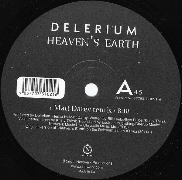 Delerium - Heaven's Earth (Remix By Matt Darey) | Nettwerk (5-037703-3102-1-6) - 3