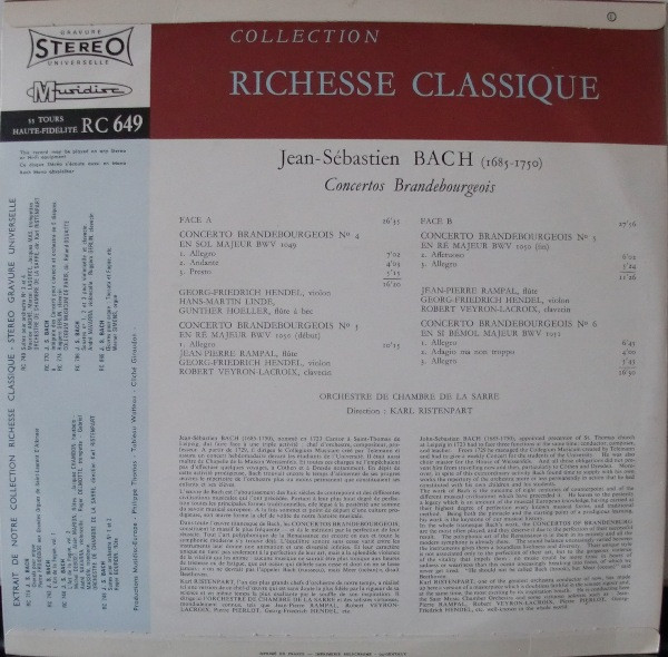 Johann Sebastian Bach , Jean-Pierre Rampal , Robert Veyron-Lacroix , Kammerorchester Des Saarländischen Rundfunks, Saarbrücken , Direction: Karl Ristenpart - Concertos Brandebourgeois Nºs 4, 5, 6 | Musidisc (RC 649) - 2