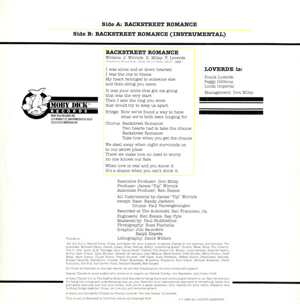 Loverde - Backstreet Romance | Moby Dick Records (BTG-1134) - 2